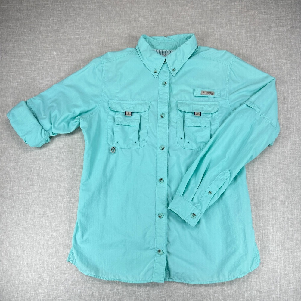 Columbia PFG Bahama II Fishing Shirt Womens Small Aqua Long Sleeve UPF 30